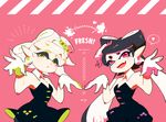  2girls aori_(splatoon) artist_name bad_id bad_tumblr_id black_dress black_hair black_jumpsuit catchphrase cousins cowboy_shot detached_collar domino_mask dress earrings english fangs food food_on_head green_eyes grey_hair heart hotaru_(splatoon) jewelry long_hair looking_at_viewer mask mole mole_under_eye multiple_girls object_on_head open_mouth parted_lips pink_background pointy_ears purple_eyes seto_(asils) short_dress short_hair short_jumpsuit signature smile splatoon_(series) splatoon_1 spoken_heart squid_pose standing strapless strapless_dress white_hair 