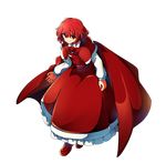  &gt;:) baba_(baba_seimaijo) cape closed_mouth commentary_request full_body highres long_sleeves looking_at_viewer okazaki_yumemi red_cape red_eyes red_hair red_skirt red_vest shirt short_hair skirt smile solo touhou touhou_(pc-98) transparent_background v-shaped_eyebrows vest white_shirt 