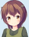  bangs blue_background blush brown_eyes brown_hair character_request closed_mouth eyebrows_visible_through_hair green_shirt green_vest hair_between_eyes head_tilt horns long_hair looking_at_viewer maplestory nekono_rin portrait shirt simple_background smile solo tareme vest 