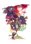  absurdres belt blue_eyes bow_(weapon) broom brown_hair forte full_body hair_over_one_eye hairband hat highres hooded_robe kagari_atsuko little_witch_academia long_hair loose_belt lotte_jansson multiple_girls mushroom open_mouth orange_hair red_eyes red_hair robe shiny_chariot short_hair sitting smile standing sucy_manbavaran weapon witch witch_hat 