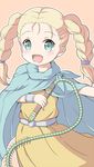  :d bianca blonde_hair blush braid brown_background cape dragon_quest dragon_quest_v dress green_cape green_eyes hair_tie holding holding_whip looking_at_viewer nekono_rin open_mouth outstretched_arm simple_background sleeveless sleeveless_dress smile solo tareme twin_braids twintails whip yellow_dress 