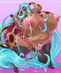  abstract_background areola belly big_belly big_breasts big_butt big_lips bovine breasts butt english_text female hair hatsune_miku hi_res horn huge_breasts huge_butt hyper hyper_breasts hyper_butt jacques00 lactating lips long_hair looking_at_viewer mammal milk nipples nude obese overweight overweight_female pussy solo text transformation vocaloid wide_hips 