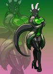  2015 anthro bedroom_eyes big_breasts big_tail black_skin breasts cleavage clothed clothing coat covering covering_breasts covering_self curvaceous dragon female footwear green_eyes green_skin grin half-closed_eyes high_heels horn inviting kira_(dragonofdarkness1992) legwear long_tail looking_at_viewer multicolored_skin panties partially_clothed seductive shoes smile solo stockings teasing thick_thighs toughset two_tone_skin underwear voluptuous wide_hips 