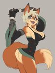  anthro armwear big_breasts breasts brown_fur butt canine cleavage clothed clothing crybringer detached_sleeves fangs female fox friday_(crybringer) fur green_hair grey_eyes hair long_tail mammal no_underwear side_boob simple_background snout solo 