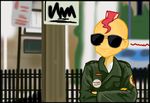  2017 anthro anthrofied crossed_arms crossover derpyramone equestria_girls eyewear fence friendship_is_magic hair horn human human_only mammal military mohawk multicolored_hair my_little_pony not_furry parody smile sunglasses sunset_shimmer_(eg) taxi_driver travis_bickle 