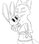  2017 anthro black_and_white canine carrying clothed clothing cradling disney duo female fox judy_hopps lagomorph male mammal monochrome nick_wilde nude rabbit simple_background sparkling_eyes standing tggeko topless white_background zootopia 