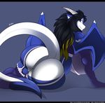  2017 anthro big_breasts big_butt breasts butt clothing dragon female gin-blade hair horn huge_breasts huge_butt legwear lingerie looking_back lying multicolored_hair on_side scalie side_boob simple_background solo spade_tail stockings swissy thick_thighs voluptuous wide_hips wings 