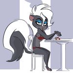  2017 anthro barefoot big_tail black_eyebrows black_eyes black_fur black_tail bra chair cigarette claws clothing courtney_brushmarke digital_media_(artwork) disney eyebrows eyeshadow fan_character female flat_chested fluttershythekind frown fur hair hi_res long_tail looking_at_viewer makeup mammal multicolored_fur multicolored_tail panties red_bottomwear red_clothing red_topwear red_underwear side_view simple_background sitting skunk smoke smoking solo table toe_claws toes two_tone_fur two_tone_tail underwear white_fur white_hair white_tail zootopia 