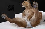  anthro bed butt clothing cosmiclife feline female flat_chested hi_res hindpaw lying mammal panties pawpads paws photorealism pinup pose saber-toothed_cat semi-anthro spread_legs spreading teeth underwear 