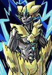  2017 fur lightning male mammal manpersonguy mrease muscular muscular_male nintendo patterned_background pecs pok&eacute;mon pok&eacute;mon_(species) simple_background smile solo spoiler video_games zeraora 