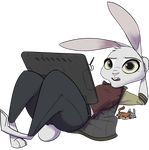  2017 alpha_channel ambiguous_gender anthro artist barefoot belt blush buckteeth clothed clothing disney fan_character holding_object lagomorph looking_at_viewer lying mammal on_back open_jacket plushie rabbit simple_background solo stylus tablet teeth texi_(yitexity) thick_thighs transparent_background yitexity zootopia 