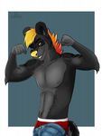 2017 5_fingers anthro athletic black_fur blue_background cinta clothed clothing eyebrows fist flexing fur grey_fur hair hyena jeans looking_at_viewer male mammal markings multicolored_fur multicolored_hair muscular nipples pants pose rainbow_hair simple_background smile smirk solo standing teeth topless two_tone_fur underwear yellow_eyes yellow_nose 