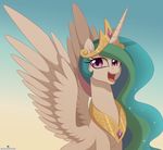  2017 equine eyelashes feathered_wings feathers female feral friendship_is_magic gradient_background hair horn long_hair looking_at_viewer mammal momomistress multicolored_hair my_little_pony open_mouth open_smile princess_celestia_(mlp) purple_eyes simple_background smile solo sparkles white_feathers winged_unicorn wings 