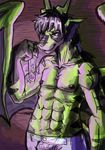  2017 abs anthro biceps bulge clothing demon digital_media_(artwork) dragon glowing hair male manpersonguy mrease muscular muscular_male nipples pecs potion scalie slightly_damned smile tsavo_(slightly_damned) webcomic wings 