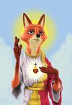  &lt;3 absurd_res anthro canine christian_symbols christianity clothed clothing cross disney fox fur green_eyes half-closed_eyes hi_res impressionism jesus_christ mammal nick_wilde orange_fur religion robe solo thatotherwhaleoil zootopia 