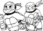  2017 anthro bandanna blush chipped_shell clothed clothing duo elbow_pads freckles hand_wraps inkyfrog knee_pads male mask michelangelo_(tmnt) raphael_(tmnt) reptile scalie shell simple_background smile spot_color teenage_mutant_ninja_turtles turtle white_background wraps wrist_wraps 