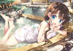  :d absurdres ass barefoot blue_eyes blush breasts brown_hair cleavage day eyebrows_visible_through_hair feet fujima_takuya hair_between_eyes hair_ornament highres ikaho_hana long_hair looking_at_viewer lying medium_breasts naked_towel on_stomach onsen_musume open_mouth outdoors sideboob smile soles solo towel twintails wet 