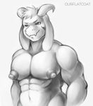  2017 abs anthro areola asriel_dreemurr biceps big_nipples caprine edit flatcoat fur goat god_of_hyperdeath horn looking_at_viewer male mammal monochrome muscular muscular_male navel nipples nude pecs simple_background smile solo undertale video_games waist_up white_background white_fur 