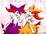  &lt;3 3_fingers ambiguous_gender braixen chest_tuft duo elie fur inner_ear_fluff looking_at_viewer nintendo pok&eacute;mon pok&eacute;mon_(species) purple_fur red_eyes shiny_pok&eacute;mon stick tuft video_games white_fur yellow_fur 