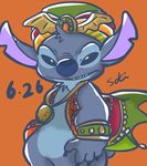  2017 4_fingers alien blue_claws blue_eyes blue_fur blue_nose bottomless chest_tuft claws clothed clothing costume digital_drawing_(artwork) digital_media_(artwork) disney experiment_(species) fur head_tuft hi_res lilo_and_stitch looking_at_viewer notched_ear orange_background saki_(pixiv_1507375) signature simple_background small_tail solo stitch tuft turban 