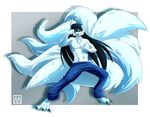  2012 4_toes 5_fingers abs anthro barefoot big_tail biped black_eyebrows black_hair black_nose blue_bottomwear blue_clothing blue_eyes blue_pants border canine cel_shading cheek_tuft chest_tuft claws clothed clothing digital_media_(artwork) digitigrade fighting_stance fluffy fluffy_tail fox front_view full-length_portrait fur grey_background grey_claws hair hi_res kahmori lapres long_hair looking_at_viewer male mammal multi_tail muscular muscular_male outside_border pants pecs portrait pose shadow simple_background solo standing toe_claws toes topless tuft watermark white_border white_fur white_tail 