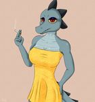  5_fingers alligator anthro bea_(nitw) blouse breasts cigarette claws clothed clothing cooliehigh crocodilian dress eyelashes eyeshadow fangs female fingernails fully_clothed half-closed_eyes lizard makeup nails night_in_the_woods red_eyes red_irises reptile scales scalie smoke smoking solo teeth tight_clothing 