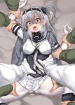  5boys absurdres admiral_(kantai_collection) ahoge arm_grab ass_visible_through_thighs bangs bed_sheet between_breasts black_sailor_collar breast_pocket breasts clothes_writing commentary constricted_pupils corset crying crying_with_eyes_open elbow_gloves eyebrows_visible_through_hair gloves grey_jacket hachimaki hair_between_eyes headband hetero highres imminent_rape jacket jaku_denpa kantai_collection long_hair long_sleeves lying miniskirt multiple_boys neckerchief on_back one_side_up open_clothes open_jacket open_mouth out_of_frame pantyhose pleated_skirt pocket pov pov_hands sailor_collar scared school_uniform serafuku shaded_face shiny shiny_clothes shiny_hair short_sleeves silver_eyes silver_hair skirt solo_focus spread_legs streaming_tears suzutsuki_(kantai_collection) tears thigh_grab white_gloves white_legwear white_neckwear white_skirt 
