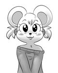  anthro blush buckteeth child clothing cute eyelashes female greyscale looking_at_viewer mammal monochrome mouse mousey_(ttda) off_shoulder rodent sheetstane solo sweater teeth try_to_date_animals young 