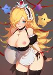  absurdres apron ass_visible_through_thighs bare_shoulders blonde_hair blue_eyes blush breasts breasts_outside chiko_(mario) choker cleavage cowboy_shot crown earrings flipped_hair hair_over_one_eye highres image_sample jewelry large_breasts leaning_forward long_hair looking_at_viewer maid maid_headdress mario_(series) nipples paid_reward panties parted_lips patreon_reward rosetta_(mario) side-tie_panties simple_background smile solo songjikyo star super_mario_bros. super_mario_galaxy thighhighs underwear waist_apron wrist_cuffs 