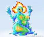  big_breasts breasts female fire goo heart0fink_(artist) humanoid looking_at_viewer monster_girl_(genre) not_furry one_eye_closed slime slime_rancher solo thick_thighs wink 