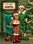  2010 anthro bare_shoulders bell big_breasts blue_eyes boots breasts chair christmas christmas_tree cleavage clothed clothing costume dress duo feline female footwear fur green_eyes hand_on_hip hat holidays inner_ear_fluff inside kierstal looking_at_viewer male mammal marie_colson pants santa_costume santa_hat shirt shoes sibling sign sitting smile standing striped_fur stripes tiger tony_colson tree 