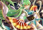  breasts commentary fan fate/grand_order fate_(series) green_eyes hair_ornament horns japanese_clothes kimono kiyohime_(fate/grand_order) long_hair looking_at_viewer medium_breasts multiple_horns obi sash solo thighs very_long_hair white_legwear yellow_eyes zhi_yu_(siro800102) 