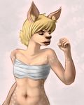  bandage biche blonde_hair cervine clothed clothing deer female hair mammal partially_clothed simple_background solo standing 