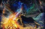 barefoot detailed_background digital_media_(artwork) digitigrade dragon duo feathered_dragon feathered_wings feathers fire moon night outside sidonie sky smile snow spirit standing star starry_sky wings 