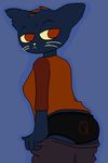  0 black_fur breasts butt cat clothed clothing dyed_fur feline female fur half-closed_eyes logo mae_(nitw) mammal night_in_the_woods null_symbol panties pants partially_clothed partially_naked red_eyes red_irises shirt shorts symbol underwear undressing unknown_artist whiskers 