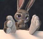  2017 3_toes 3d_(artwork) adamb/fluffy anthro bedroom_eyes big_eyes blender_(software) digital_media_(artwork) disney feet female foot_fetish foot_focus fur grey_fur half-closed_eyes hi_res judy_hopps lagomorph looking_at_viewer low-angle_view mammal multicolored_fur nude paws presenting purple_eyes rabbit seductive simple_background sitting solo toes two_tone_fur white_fur zootopia 