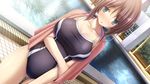  aoi_tori aqua_eyes breasts brown_hair game_cg koku pool purple_software school_swimsuit short_hair swimsuit towel umino_akari water wet 