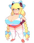  anthro big_breasts blush bow breasts cassie cleavage clothed clothing cosplay female footwear hands_on_hips huge_breasts legwear mammal mouse pigtails rodent shoes short_stack simple_background socks solo sweat sweatdrop theycallhimcake tiffy_cheesecake whiskers white_background young 