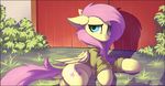  blue_eyes clothed clothing cutie_mark detailed_background digital_media_(artwork) equine feathered_wings feathers female feral fluttershy_(mlp) friendship_is_magic fur grass hair hooves mammal my_little_pony outside pegasus pink_hair ramiras wings yellow_feathers yellow_fur 