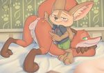  balls bed blush canine clothed clothing disney fennec finnick fox fur green_eyes inside looking_at_viewer male mammal minum nick_wilde nude pants penis smile standing zootopia 