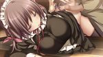  aoi_tori aqua_eyes brown_hair censored game_cg garter_belt headdress koku maid penis purple_software short_hair spread_legs stockings thighhighs umino_akari 