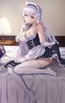  apron azur_lane bed bed_sheet belfast_(azur_lane) blue_eyes blurry braid breasts chain cleavage collar commentary_request depth_of_field desk_lamp dress dress_lift elbow_gloves french_braid garter_straps gloves head_tilt highres index_finger_raised kon_(k0n16) lamp large_breasts lifted_by_self long_hair looking_at_viewer maid maid_apron maid_headdress no_shoes silver_hair sitting smile solo white_gloves white_legwear 