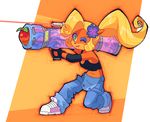  2017 anthro bare_shoulders black_nose blonde_hair clothing coco_bandicoot crash_bandicoot_(series) eyeshadow female fingerless_gloves flower flower_in_hair food footwear fruit fur gloves green_eyes hair kempferzero lipstick long_hair makeup mammal marsupial orange_fur plant ponytail video_games weapon 