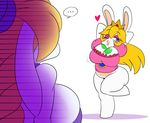  &lt;3 2017 anthro blonde_hair blue_eyes blush bottomless clothed clothing egg fake_breasts hair half-closed_eyes harriet_(mario) lagomorph mammal mario_+_rabbids:_kingdom_battle mario_bros nintendo one_eye_closed rabbid rabbid_peach rabbit simple_background speech_bubble sssonic2 super_mario_odyssey video_games white_background wink 