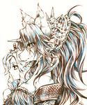  anthro azumaotoko bangs bare_shoulders breasts bust_portrait canine chin_tuft clothed clothing collarbone digital_drawing_(artwork) digital_media_(artwork) dog dragoon duo eyebrows_visible_through_hair eyelashes eyes_visible_through_hair female fully_clothed hair hair_ornament heroine_(legend_of_mana) horn human inner_ear_fluff kemono legend_of_mana long_hair mammal mana_(series) medium_breasts monochrome portrait side_view sierra_(mana) simple_background smile tuft video_games white_background 