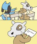  ambiguous_gender angry black_eyes blue_fur classroom comic cubone fur humor meme nintendo note pok&eacute;mon pok&eacute;mon_(species) riolu school sitting unknown_artist video_games 