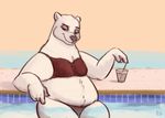  2017 anthro bear bedroom_eyes beverage bikini bluedouble clothed clothing cup disney female fur half-closed_eyes hi_res looking_at_viewer major_friedkin_(zootopia) mammal navel partially_submerged polar_bear seductive signature skimpy slightly_chubby smile solo swimming_pool swimsuit water white_fur zootopia 