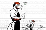  2015 animated anthro apron bgn biped black_and_white box cardboard_box chip_(bgn) christmas clothed clothing digital_media_(artwork) dinosaur dragon drone duo hat holding_object holidays horn inside larger_anthro larger_male male mistletoe monochrome naked_apron plant santa_hat scalie side_view signature size_difference smaller_anthro smaller_male snout spot_color standing theropod thick_tail ty_(bgn) tyrannosaurus_rex 