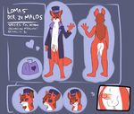  2017 anthro bag balls black_eyes bubble_butt butt canine clothing coat demon digital_media_(artwork) english_text erection facial_expressions fox fur hair hat horn humanoid incubus lomas_(character) male mammal metal_(artist) model_sheet nude penis purple_iris red_fox smile solo standing text top_hat white_fur 