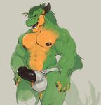  anthro black_penis clothed clothing darkgem dragon erection green_skin hair hi_res horn humanoid_penis jockstrap male muscular navel nipples penis poking_out skimpy solo teeth thick_penis topless underwear 